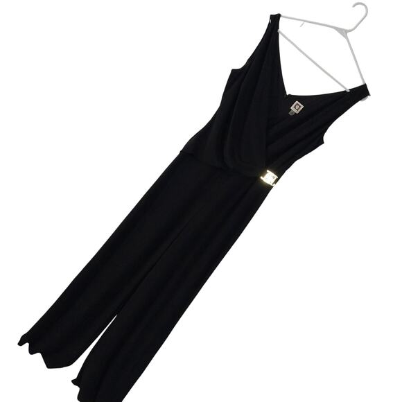 NWOT! ANNE KLEIN! GOLD LOGO WAIST BLACK DRAPEY STRETCH ONESIE, JUMPSUIT! SZ 10 - Picture 1 of 12
